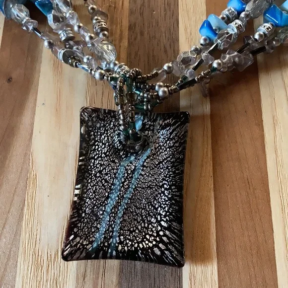 Handcrafted Beaded Necklace Teal Black Silver Glass Pendant - Picture 3 of 6